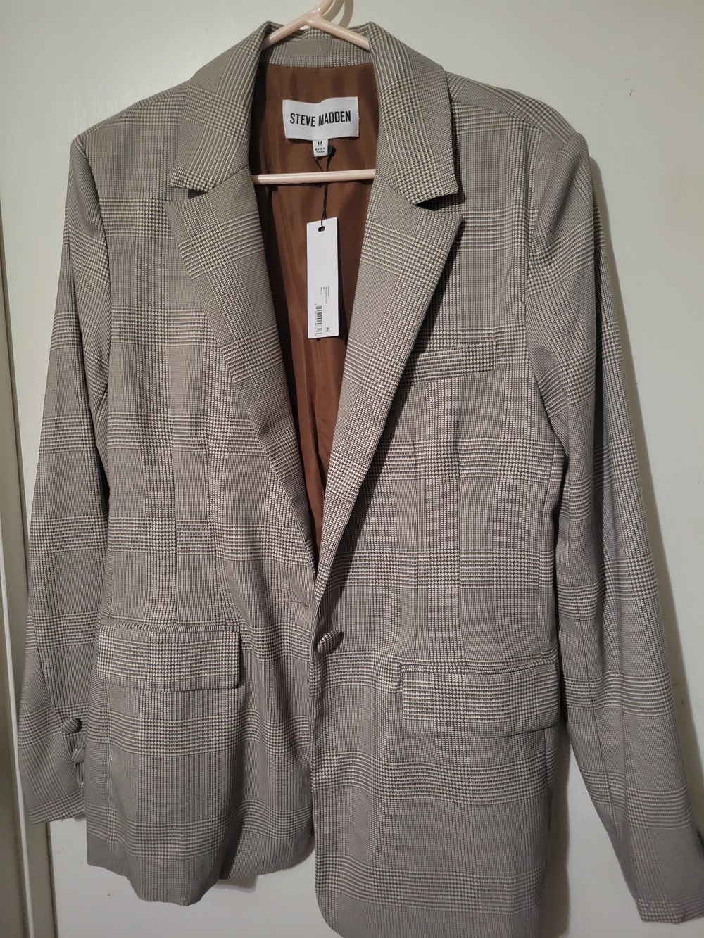 Steve Madden Glen Plaid Blazer in Taupe and Brown Lining
